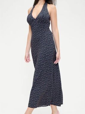 Madeleine Crepe Navy Halter Maxi Dress with Pink Floral Print